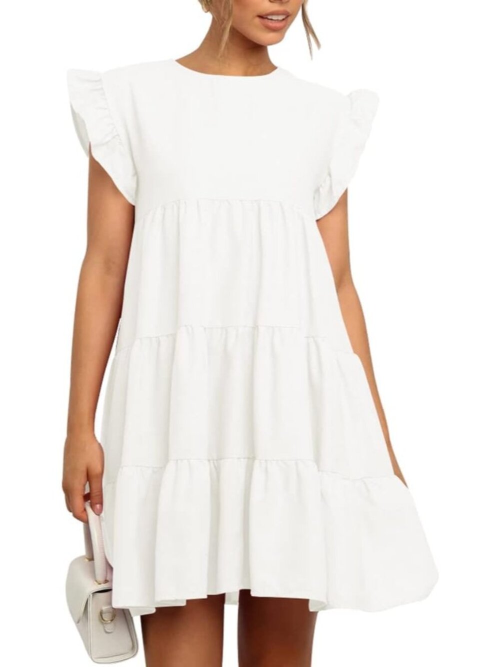 Women's Whit Casual Ruffle Sleeve Round Neck Solid Color Loose Fit Shift Dress